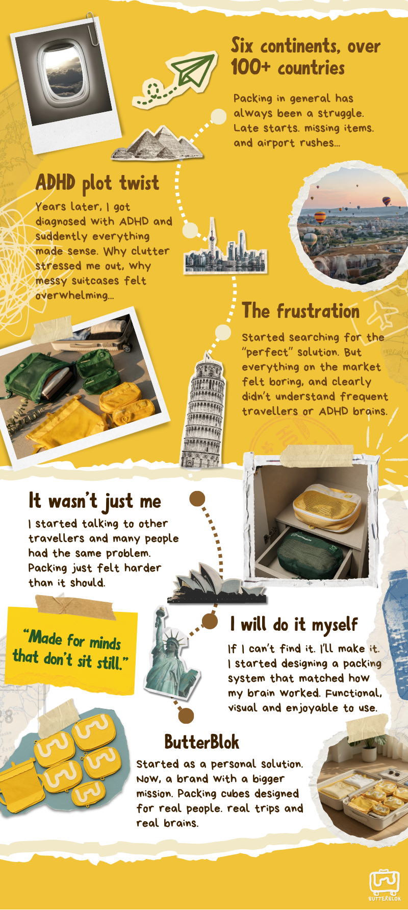 An illustrated panel telling the Butterblok story, from packing across six continents to the ADHD diagnosis that explained it and the packing system built in response.