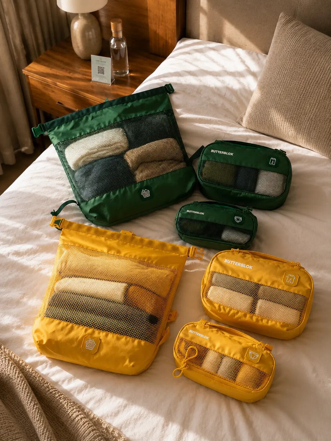 Yellow and green Butterblok cubes half packed with folded clothes on a bed