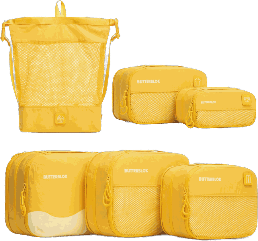 All six pieces of the Butterblok Full Spread in Butter Yellow, including the Wet Blok and the Laundry Roll