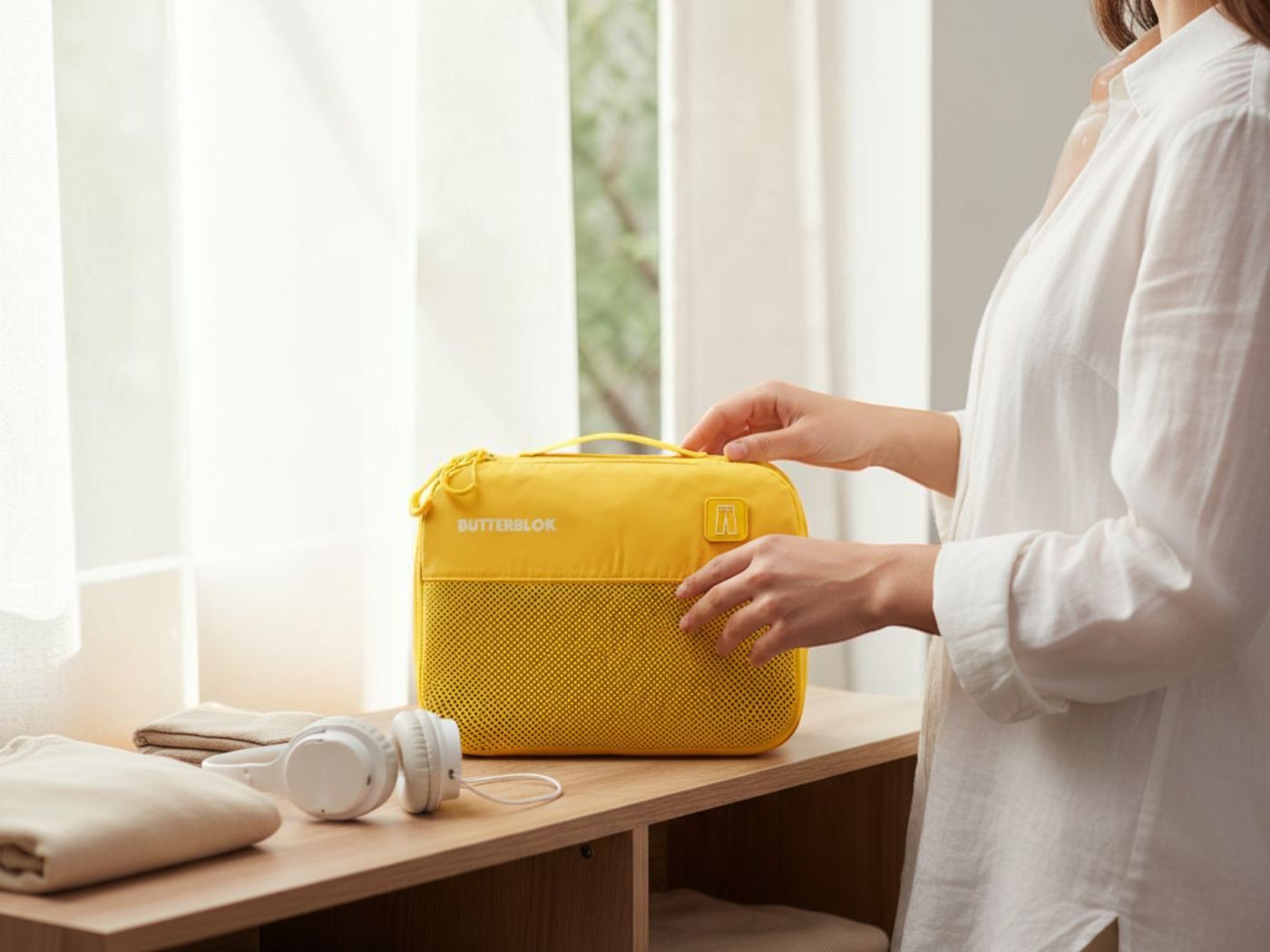 A hand lifting a yellow Butterblok cube from a hotel bedside table