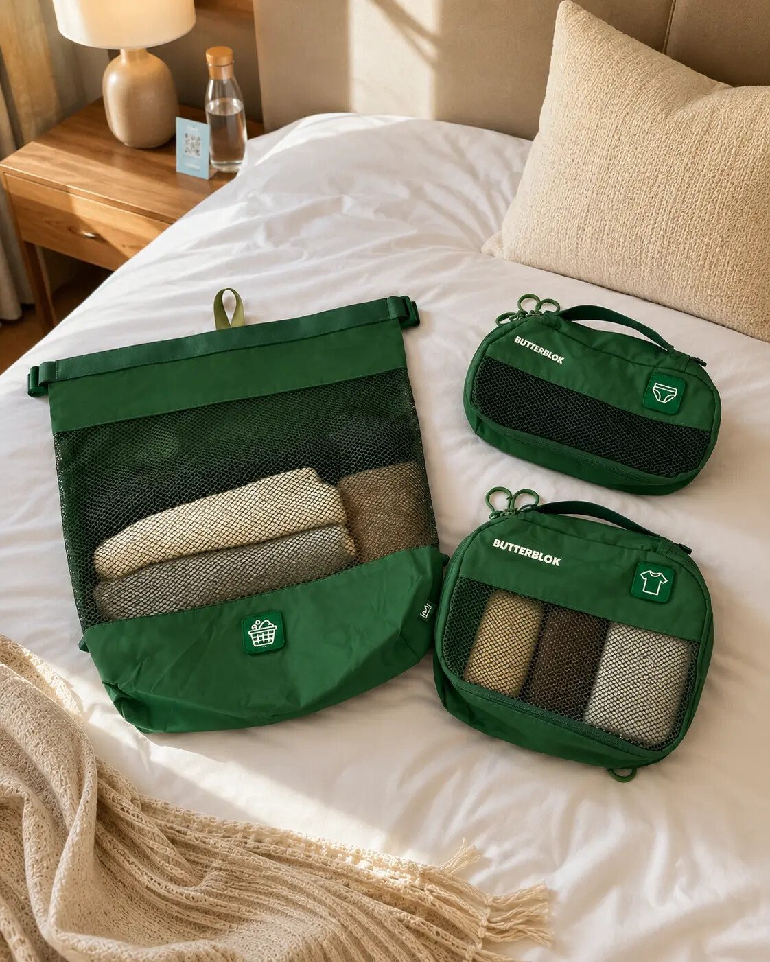 Clothing visible through the mesh top of a green Butterblok cube