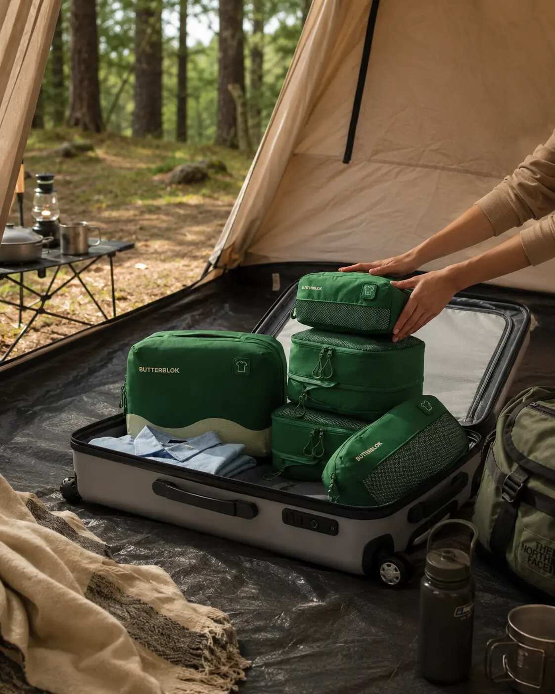 Hands packing green Butterblok cubes into a suitcase outside a tent